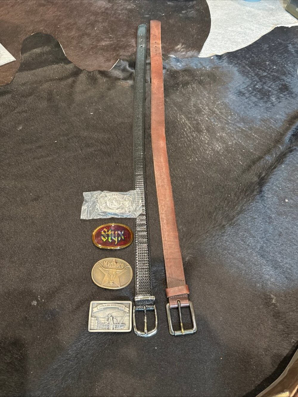 Lot of 4 Vintage Buckles + 2 Leather Belts Sz 34. NRA, Styx, Marlboro, Indiana